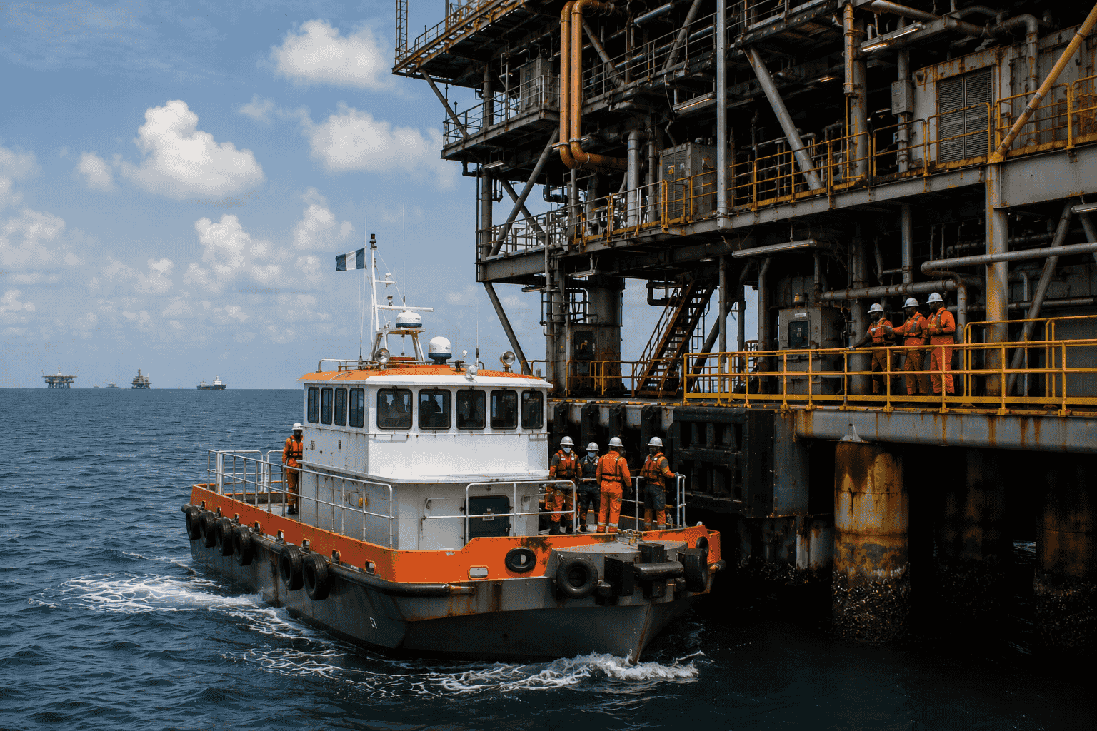 Crew boat alongside offshore platform