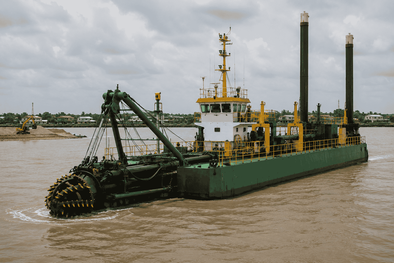 Cutter suction dredger at work, lagoon